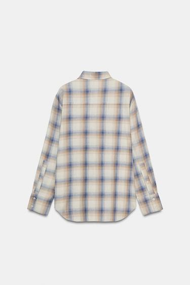OVERSIZE CHECK SHIRT WITH POCKET - Sand / Blue by Zara - Image 4