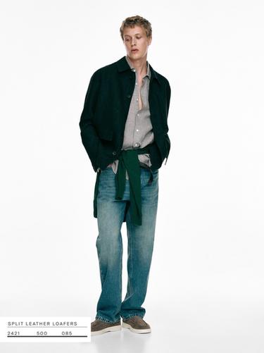 Mocasín piel serraje bordón - Gris Visón de Zara