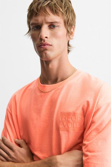 EMBROIDERED SLOGAN T-SHIRT - Neon orange by Zara - Image 4