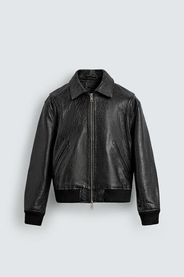 VESTE EN CUIR GRAVÉ - Noir de Zara