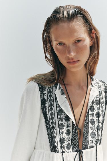 CONTRAST EMBROIDERY JACKET - Black / White by Zara - Image 3