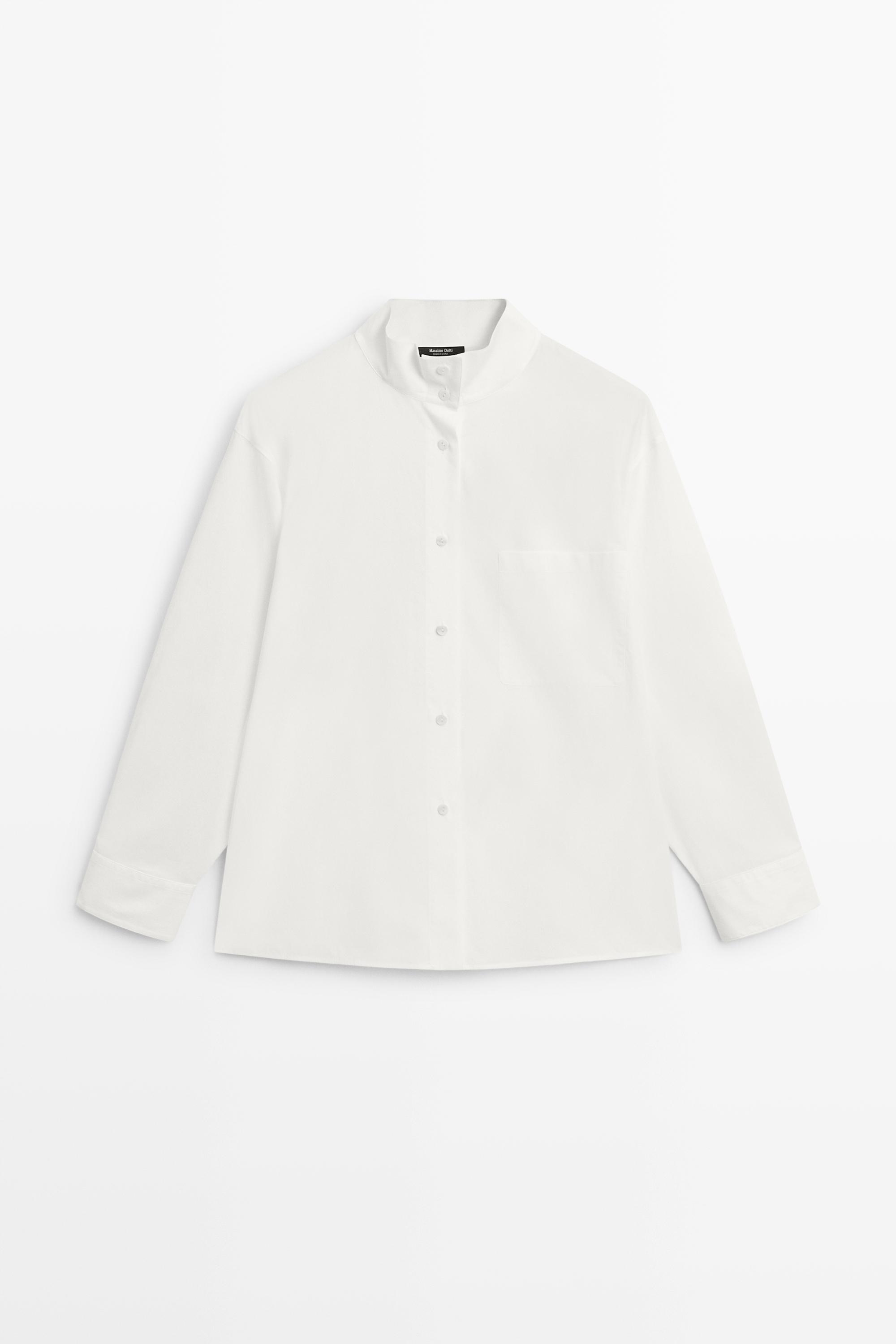 Chemise en popeline à col montant, poche daim