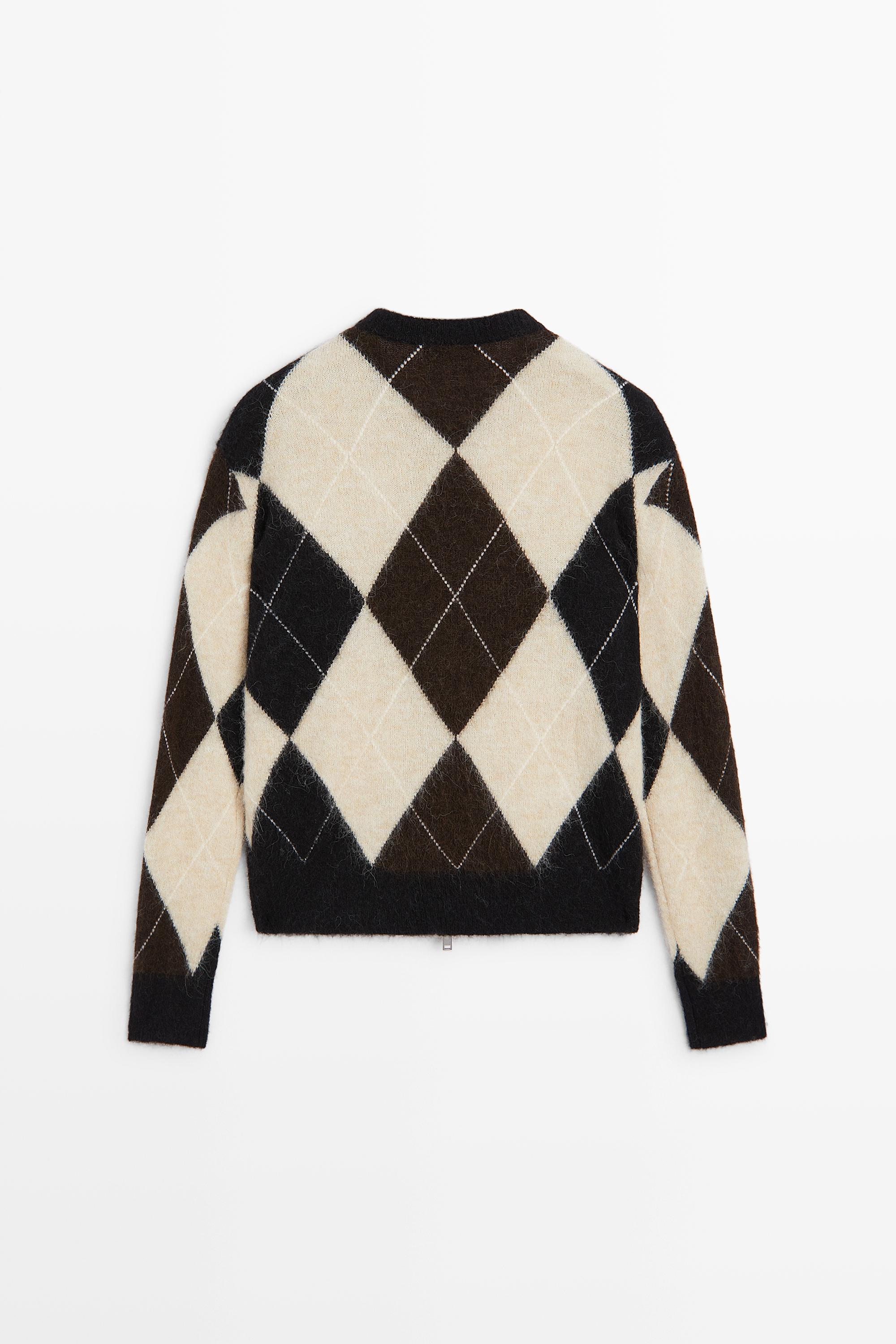 Wool-blend zip-up cardigan with diamond pattern