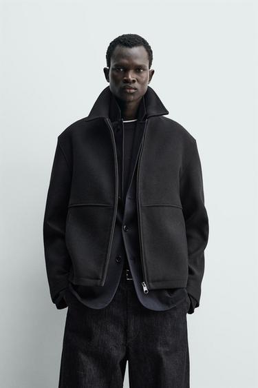 Zara HERRINGBONE TEXTURED ZIP JACKET - Black