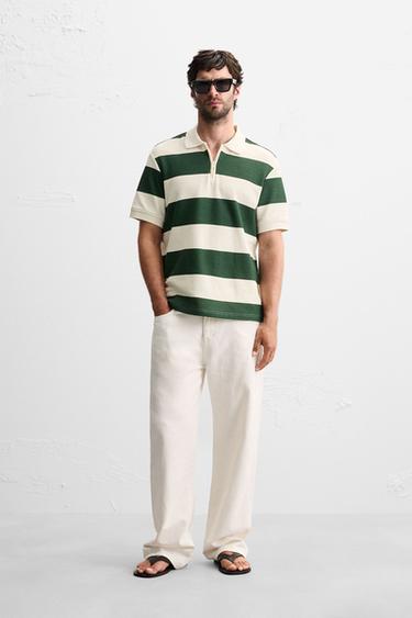 Zara QUARTER ZIP POLO - White / Green