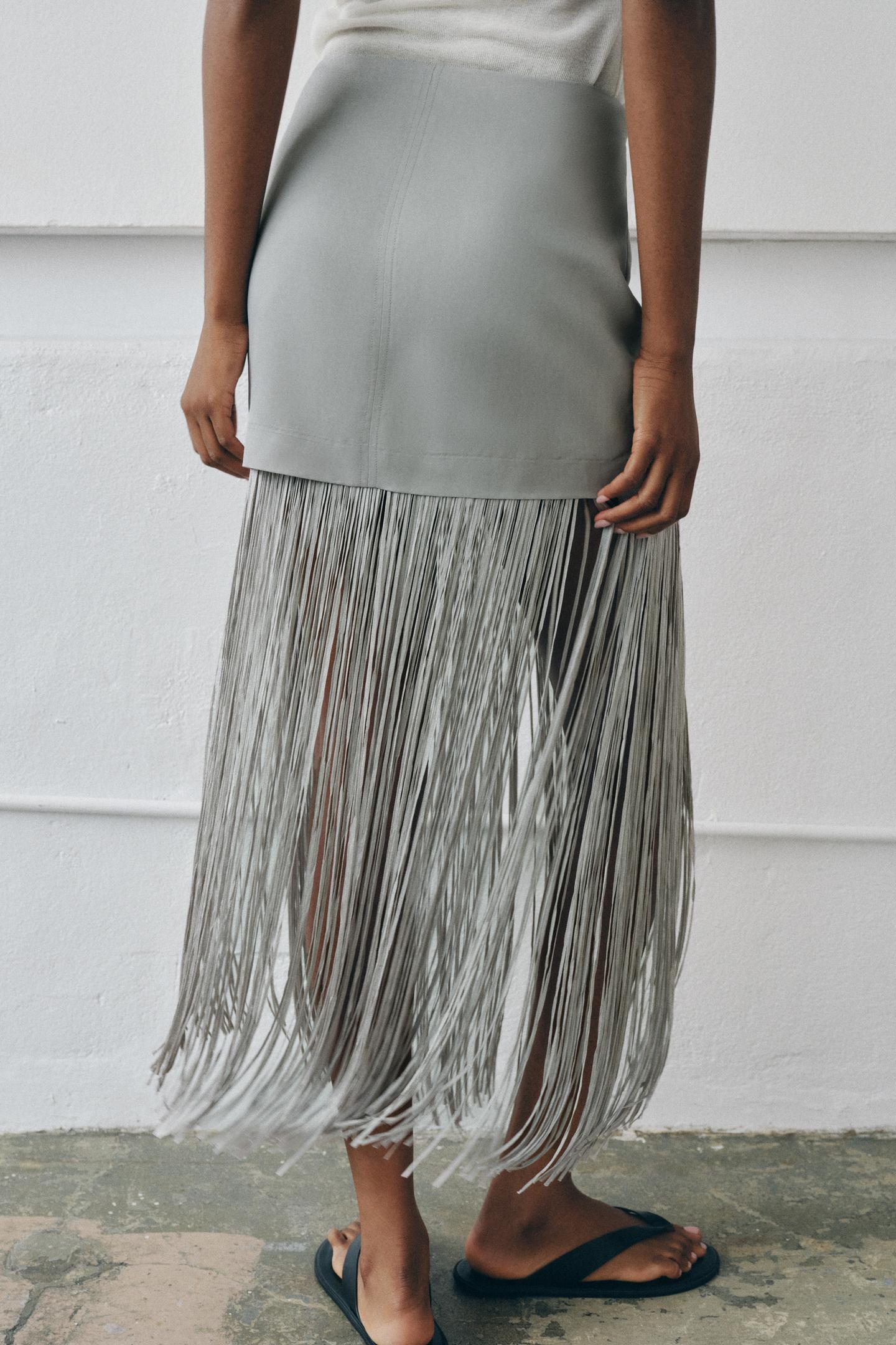 Женская юбка Zara Fringed Linen Mini, цвет: Серый — фото 3