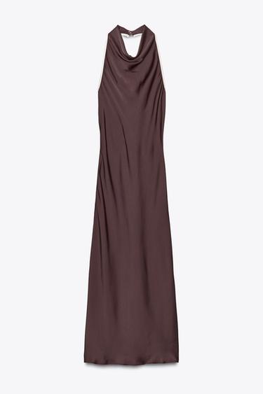 CONTRAST TRIM SATIN MIDI DRESS - Brown by Zara