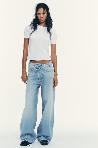 TRF WIDE-LEG HIGH-WAIST JEANS WITH CROSSOVER WAIST - Light blue by Zara