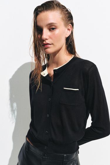 Zara COMBINATION KNIT JACKET - Black / White