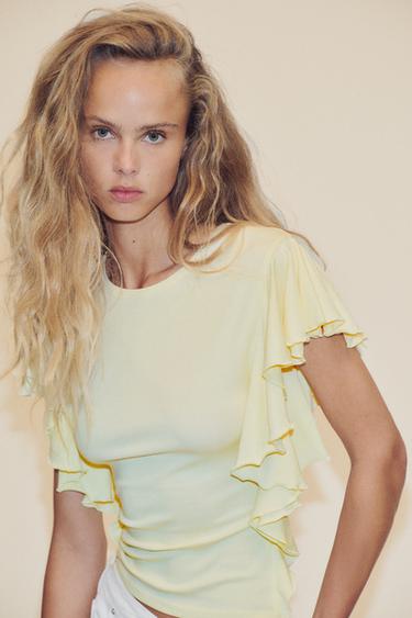 Zara 荷葉邊袖 T 恤 - 黃色