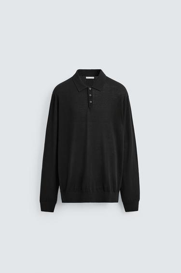 Zara COTTON - SILK BLEND KNIT POLO - Black