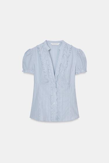 CHEMISE EN POPELINE À VOLANTS - Bleu / Blanc de Zara - Image 4