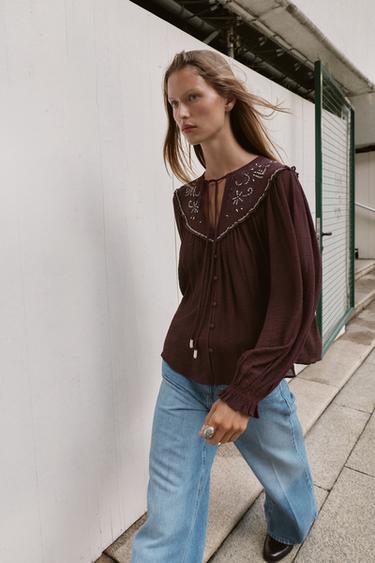 EMBROIDERED BLOUSE WITH BEADING - Aubergine by Zara