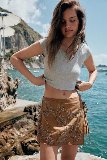 Zara BEADED TIE SKORT - Brown