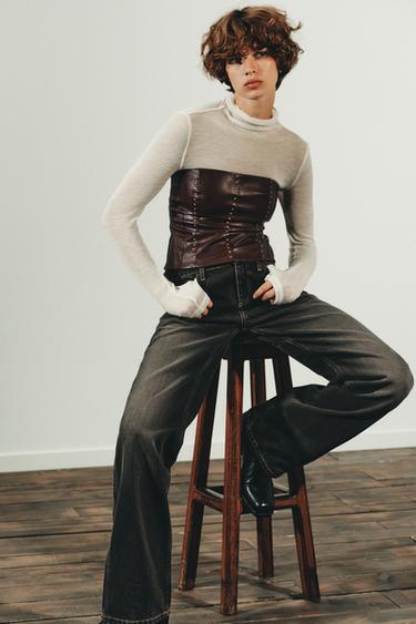 STUDDED FAUX LEATHER BANDEAU TOP - Burgundy by Zara - Image 5