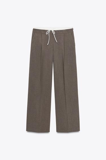 Zara DOUBLE WAISTBAND WIDE-LEG PANTS - Mocha