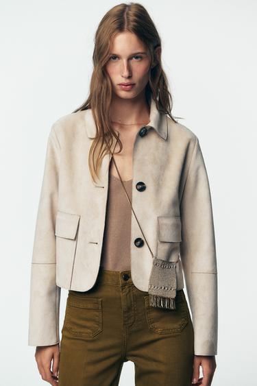 Zara FAUX SUEDE CROPPED JACKET - Ecru