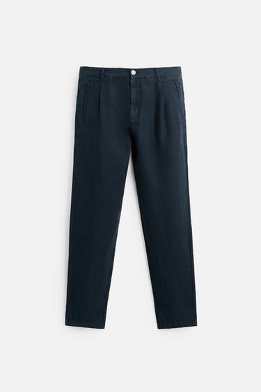 PANTALON 100 % LIN - Bleu de Zara