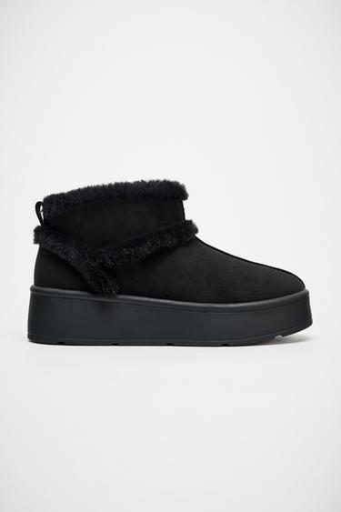 Zara FAUX FUR TRIM ANKLE BOOTS - Black