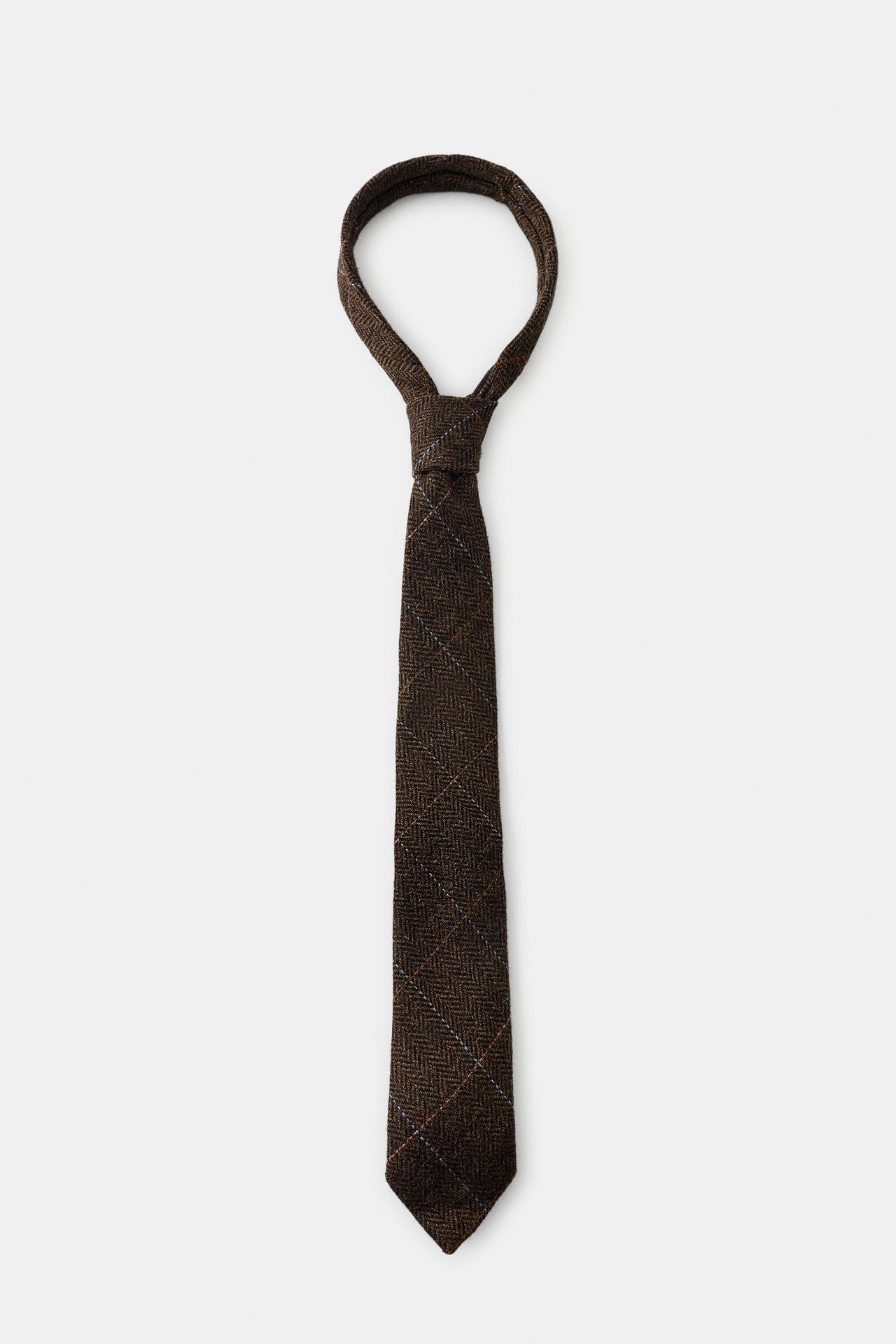 WOOL BLEND HERRINGBONE TIE — Brown