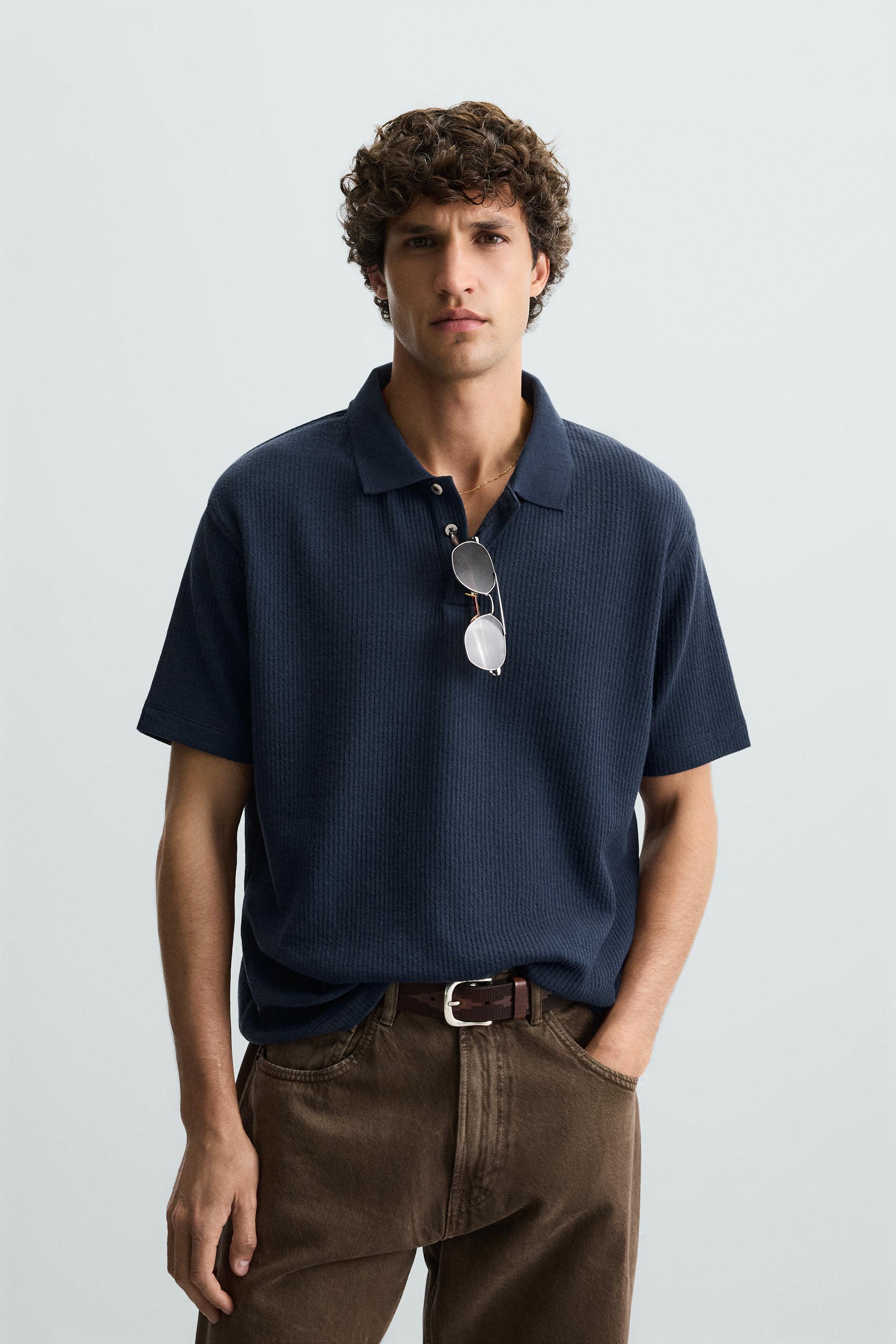 ポロページ VERTICAL TEXTURED POLO SHIRT - Navy blue | ZARA United States