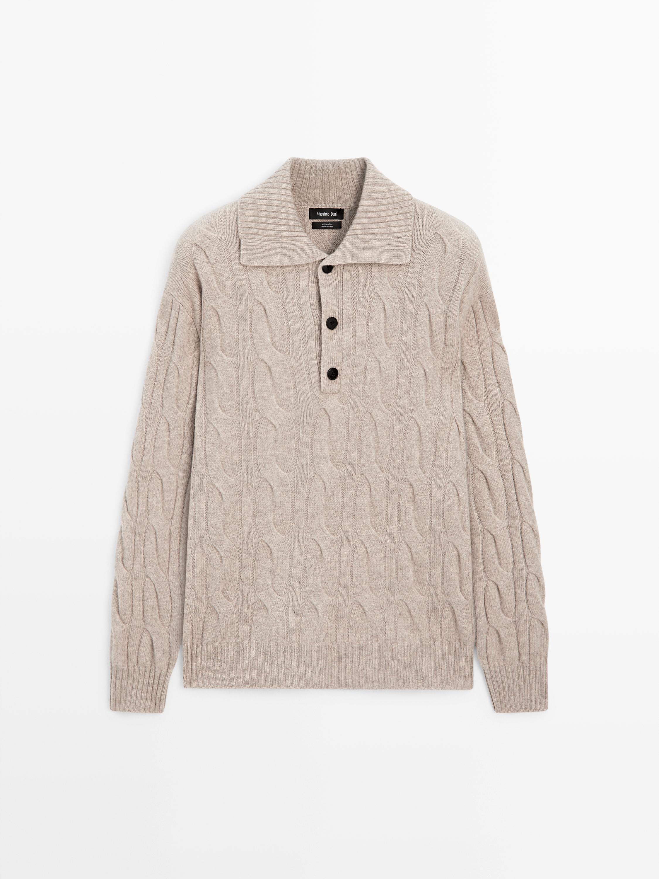 Wool cable-knit polo sweater