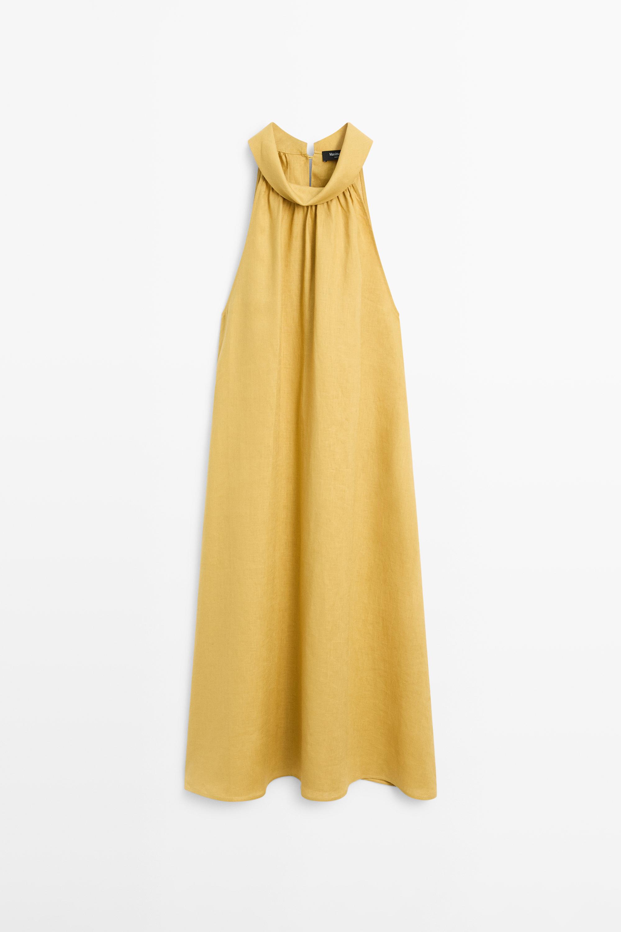 100% linen long halterneck dress — Pistachio green