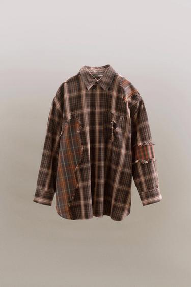 FLUID CHECK SHIRT WITH PATCHES - Khaki by Zara