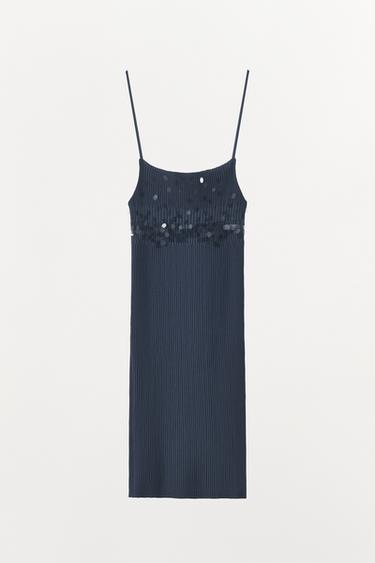 VESTIDO PUNTO RIB LENTEJUELAS - Azul noche de Zara