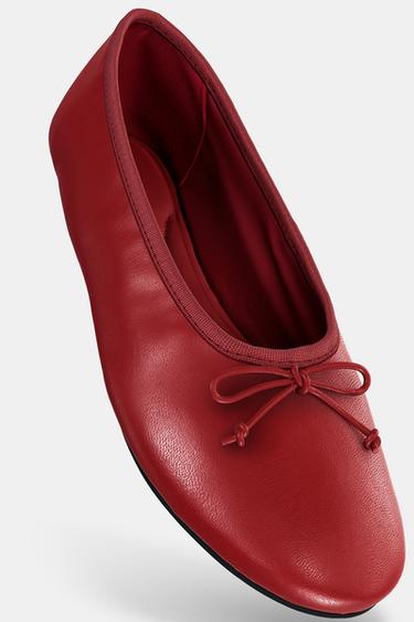 Zara LEATHER BOW BALLET FLATS - Red - Image 0