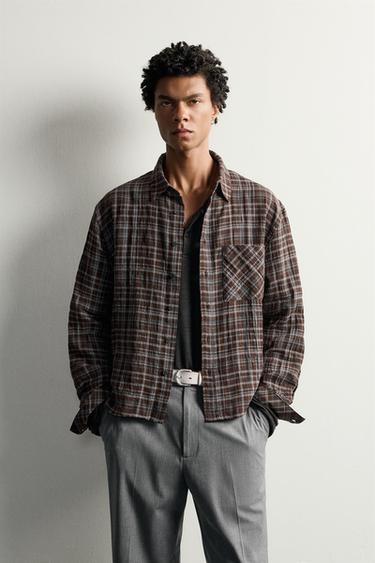 CROPPED FIT PLAID SHIRT — Brown 2