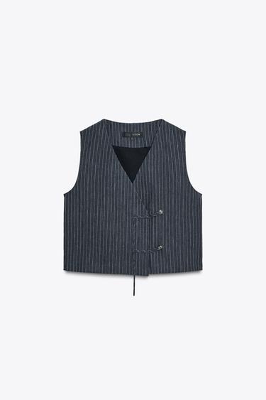 GILET AVEC LIN RAYURES ZW COLLECTION - bleu marine de Zara - Image 4