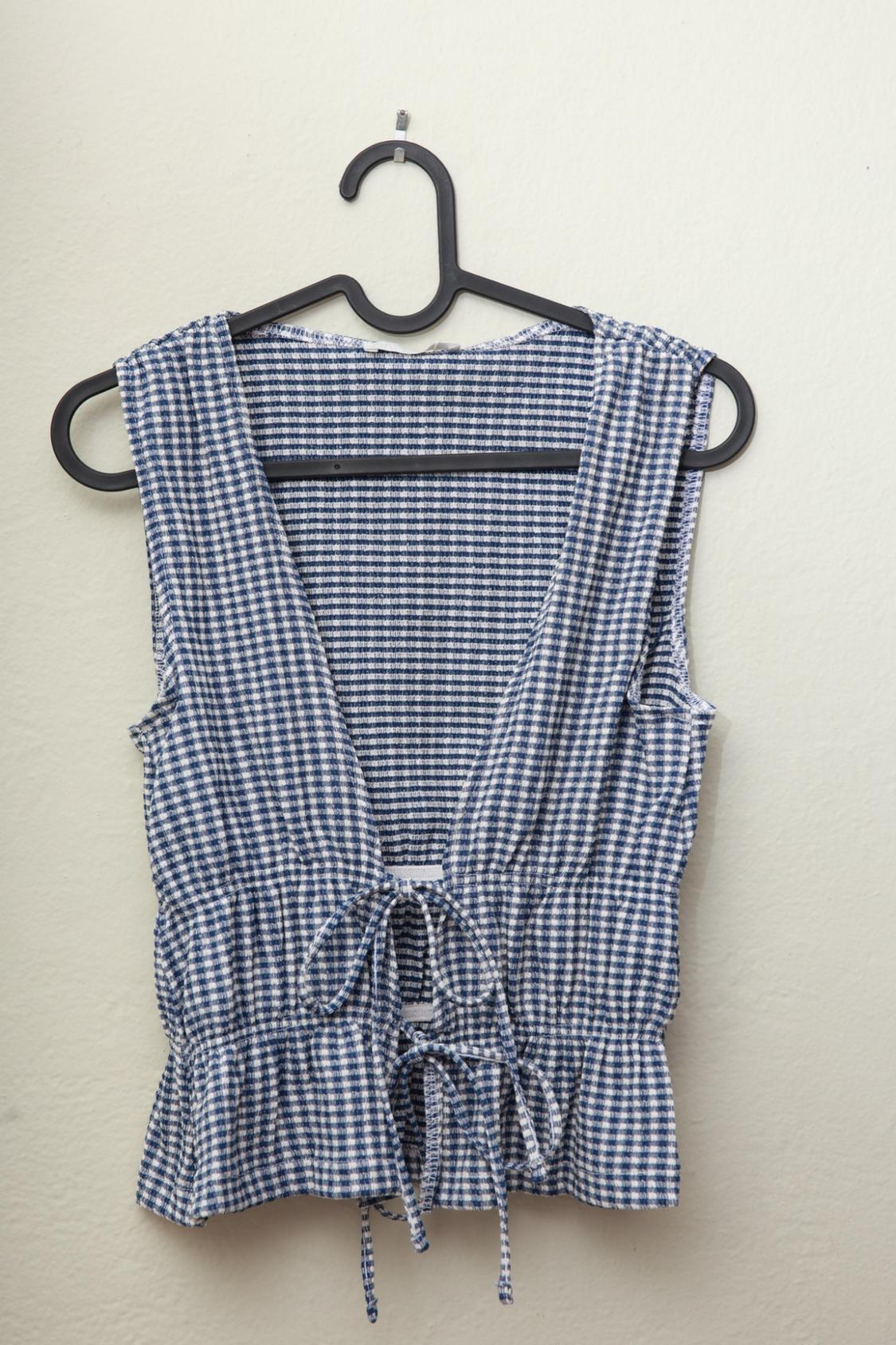 Blue and white plaid sleeveless top hanging on a hanger against a light wall.
It features a V-neckline and a front tie closure.