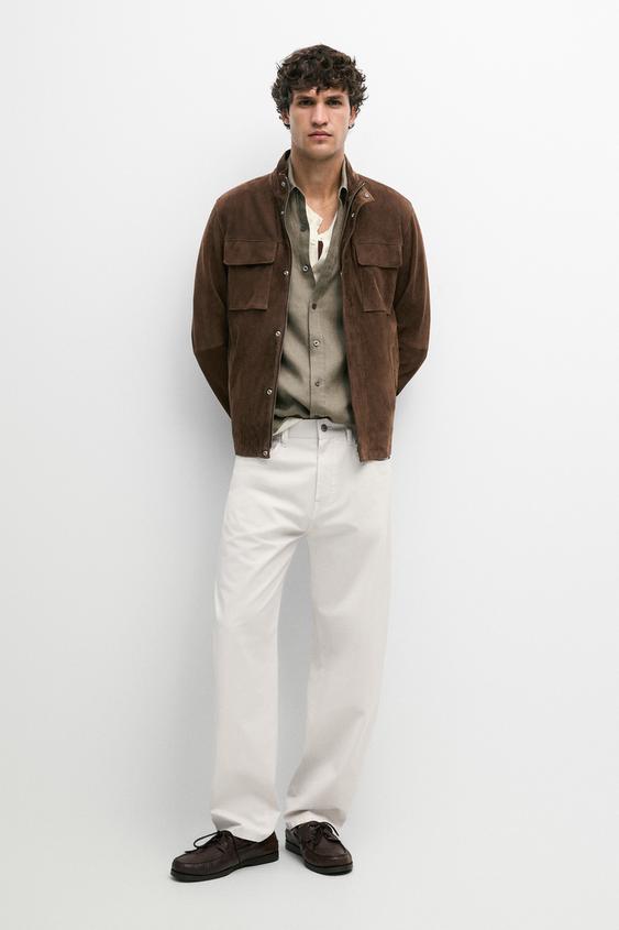 Blouson en cuir suédé à poches - Marron de Zara - Image 0