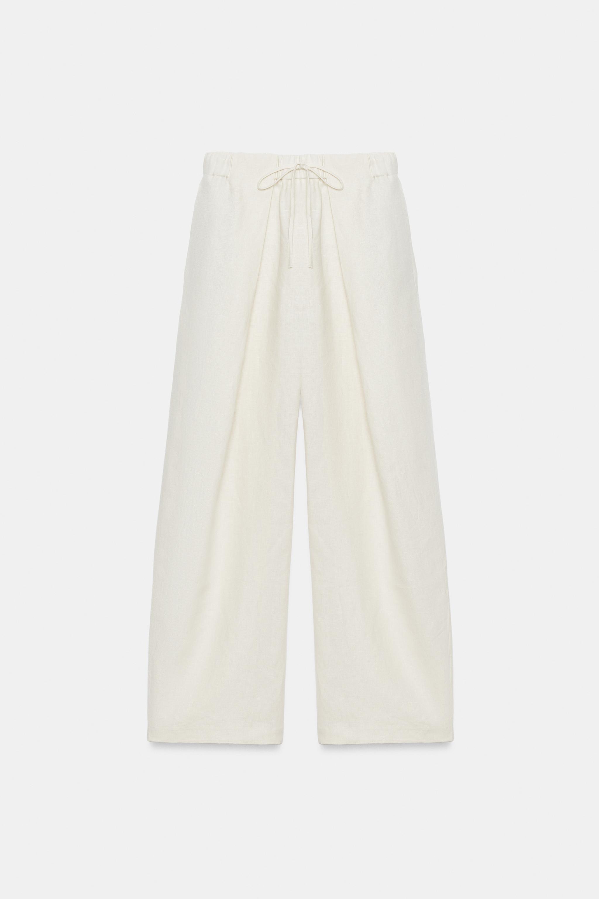 100% LINEN PLEATED PANTS ZW COLLECTION — Ecru