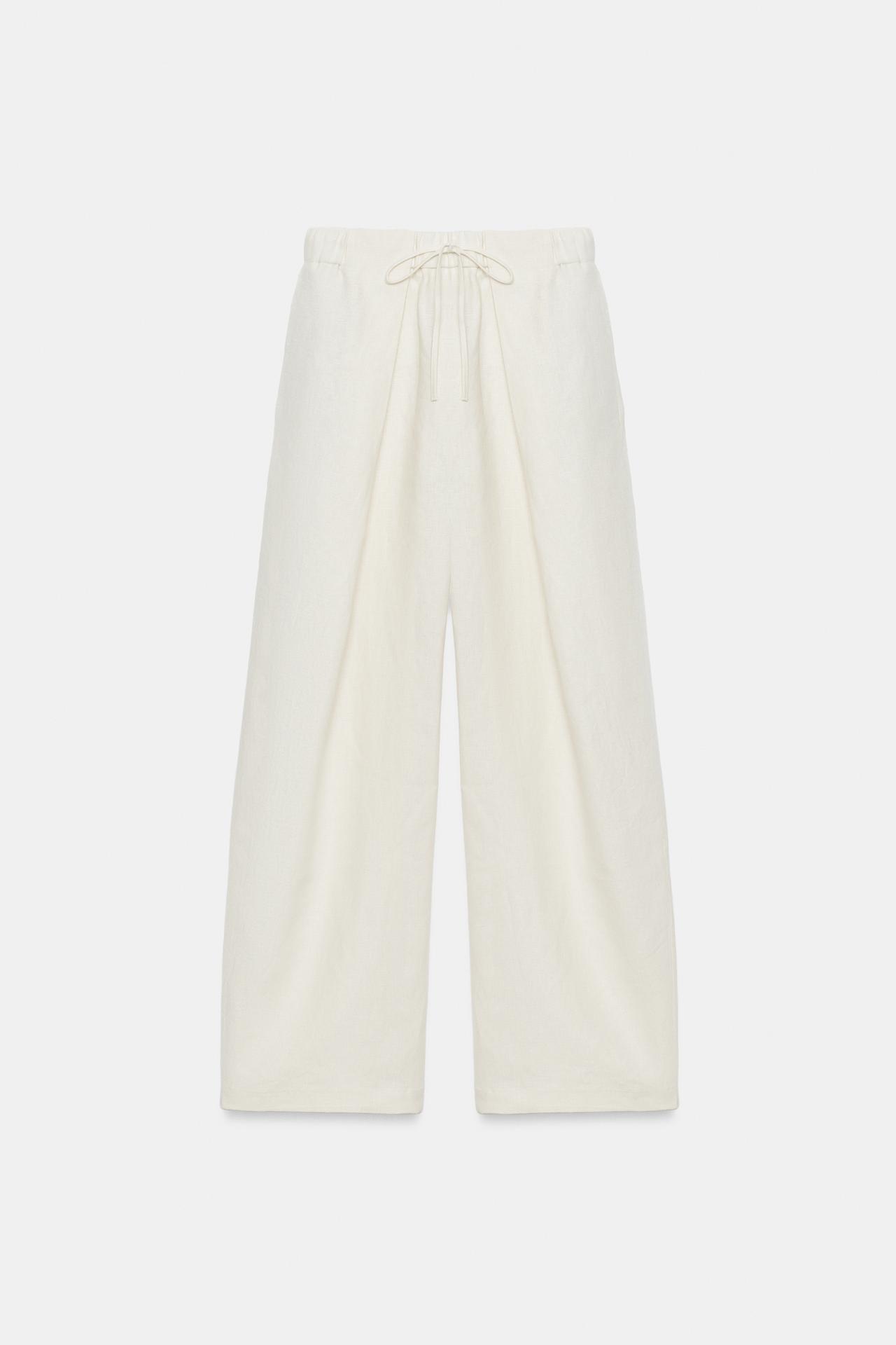 100% LINEN PLEATED PANTS ZW COLLECTION — Ecru