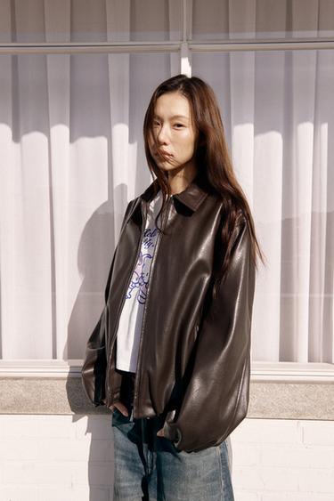 Zara 皮革效果飛行員夾克 - 巧克力色