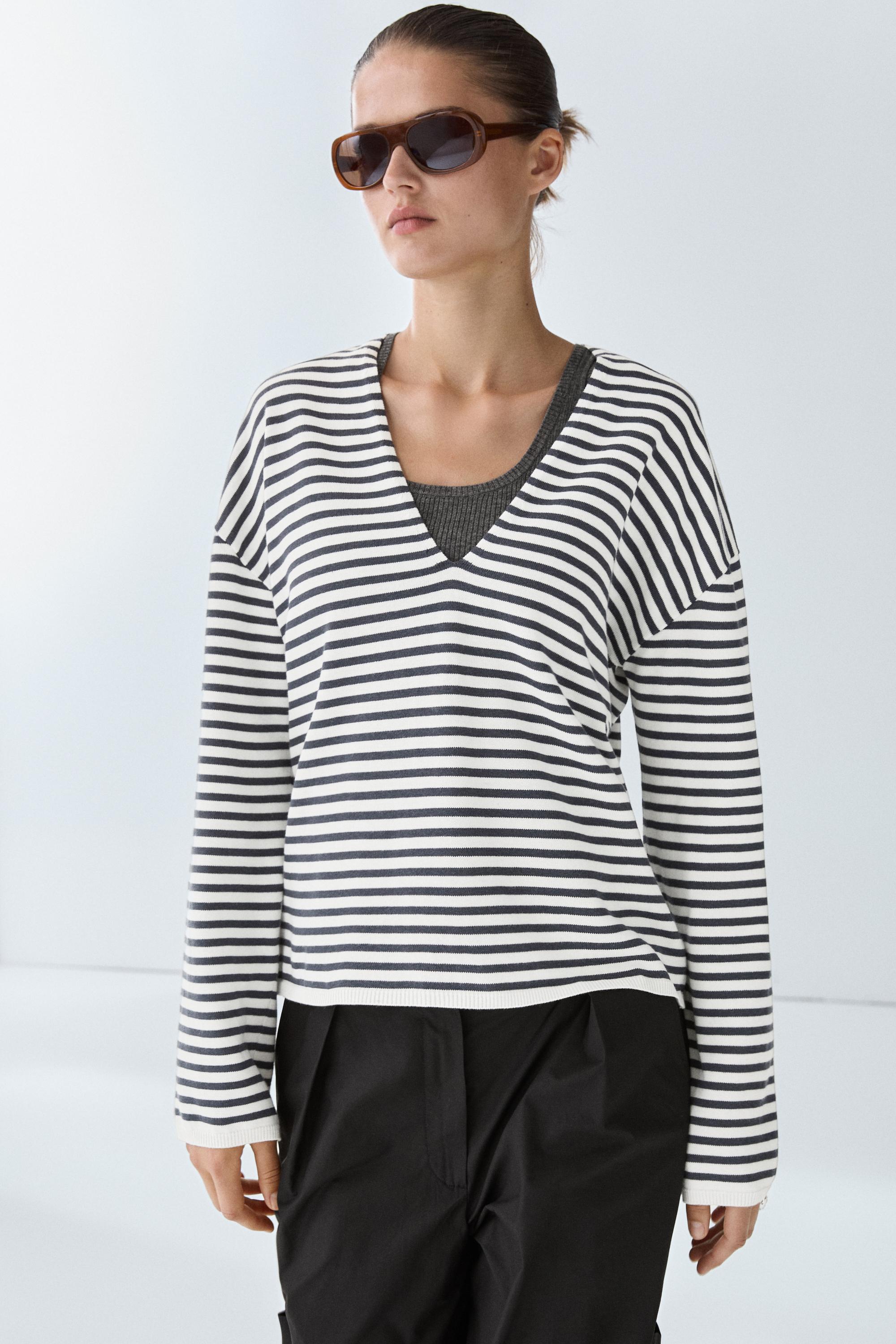 Striped V-neck knit sweater — Ecru