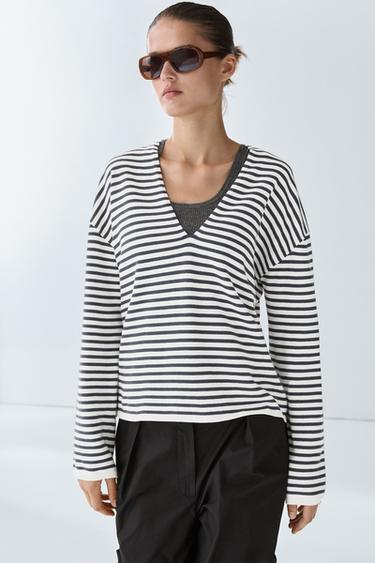 Striped V-neck knit sweater — Ecru 2