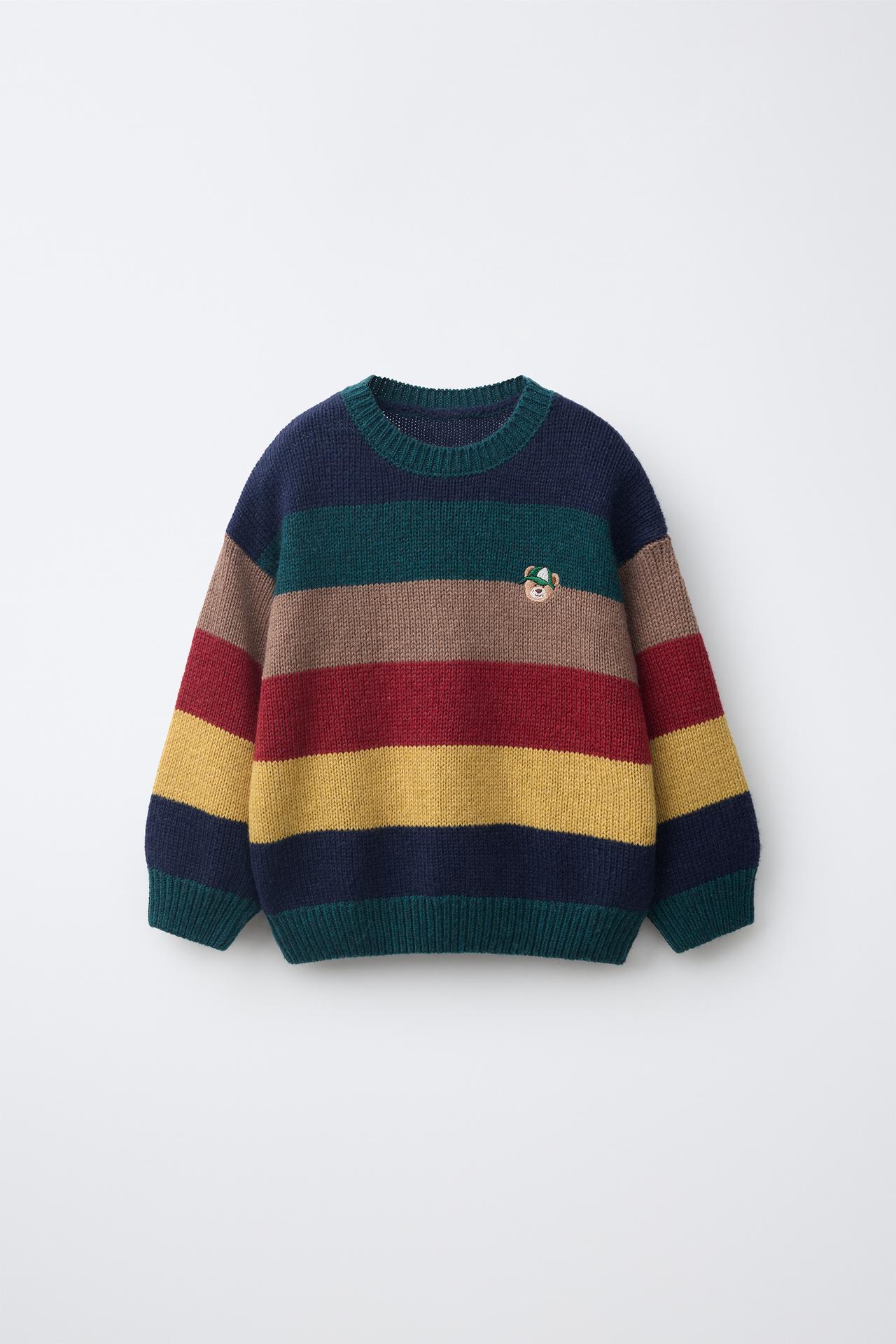 STRIPED BEAR EMBROIDERED WOOL SWEATER — Striped