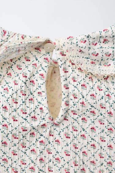 FLORAL T-SHIRT WITH PETER PAN COLLAR - Ecru / Red by Zara - Image 3