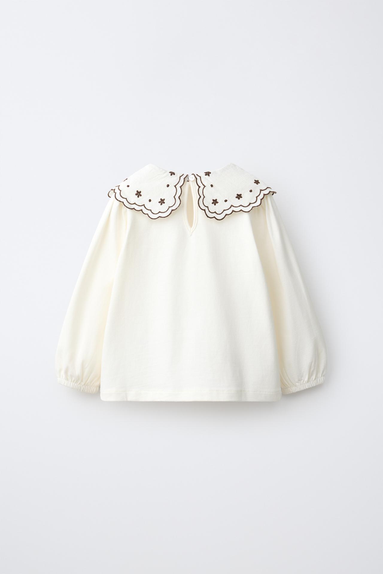 FLORAL EMBROIDERED PETER PAN COLLAR T-SHIRT — ecru-white