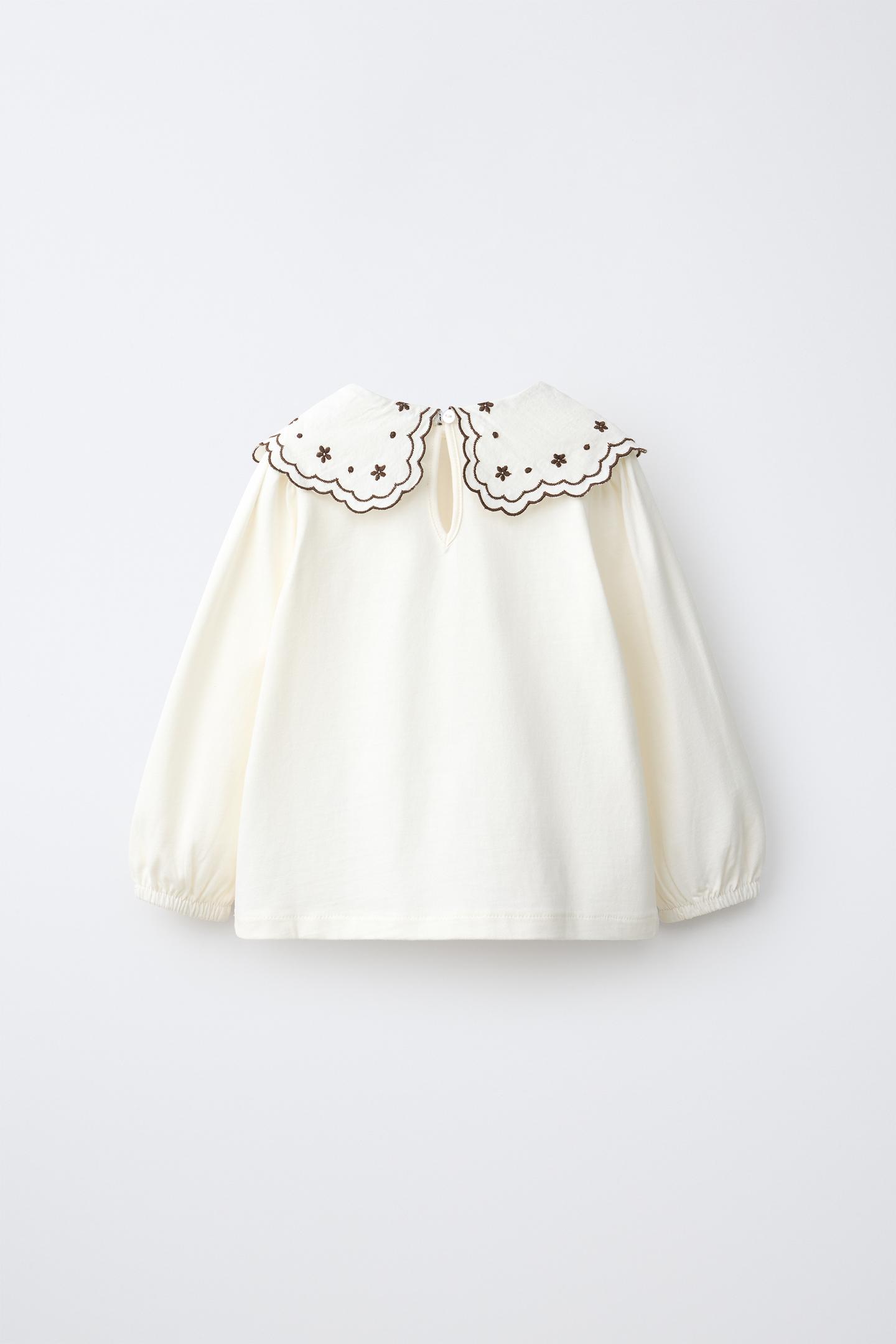 Детская футболка Zara Floral Embroidered Peter Pan Collar, цвет: Экрю белый — фото 2