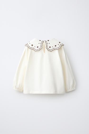 FLORAL EMBROIDERED PETER PAN COLLAR T-SHIRT — ecru-white 2