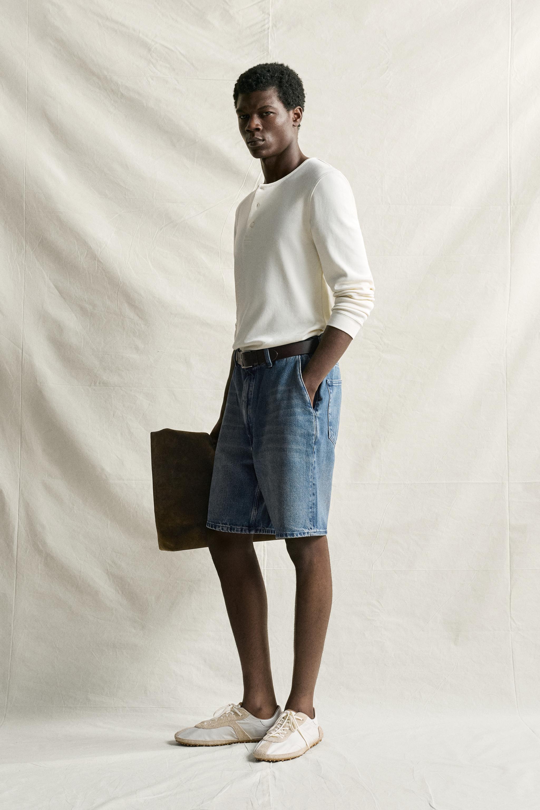 WAXED-EFFECT DENIM BERMUDA SHORTS