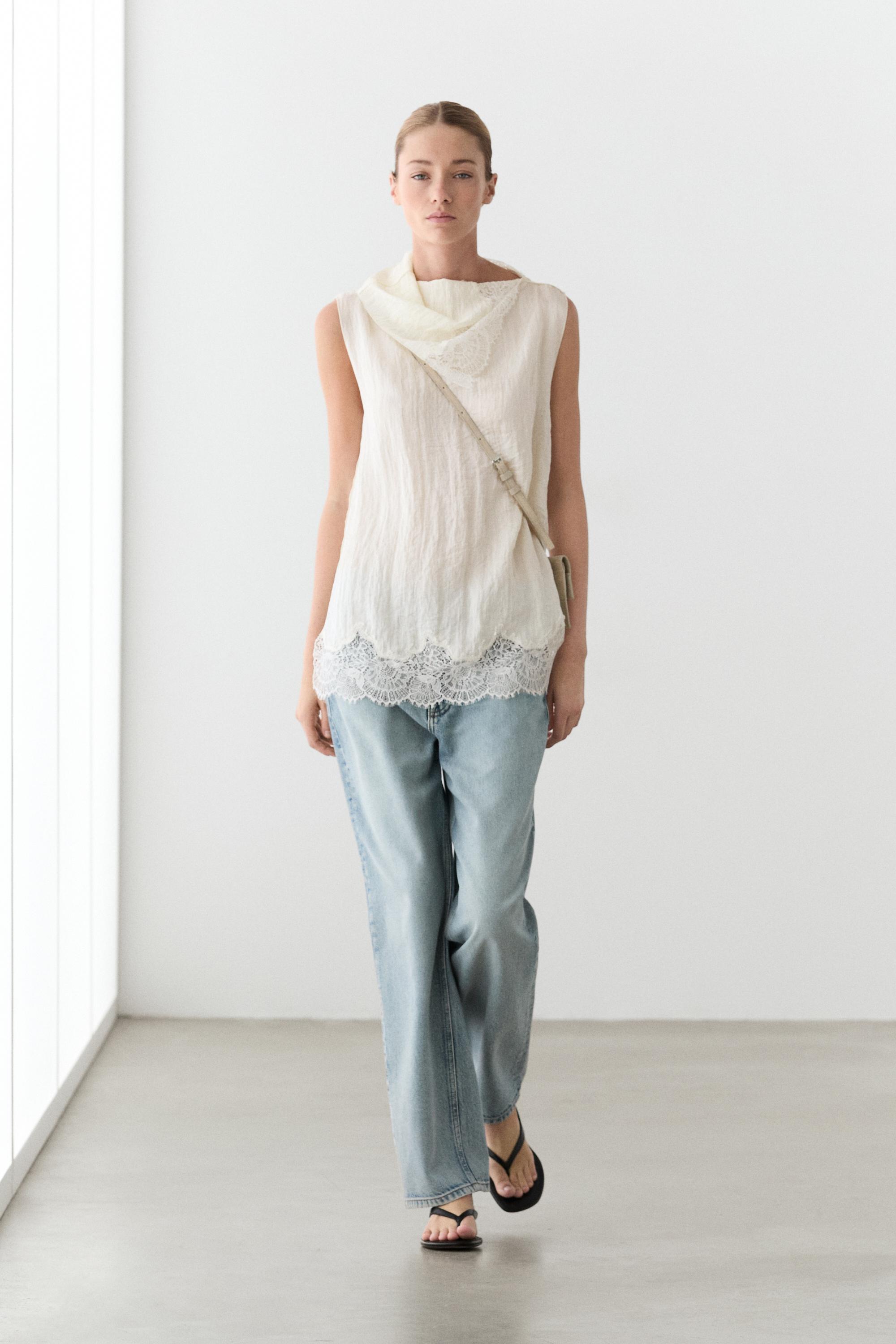 Asymmetric roll neck top with lace detail — Ecru