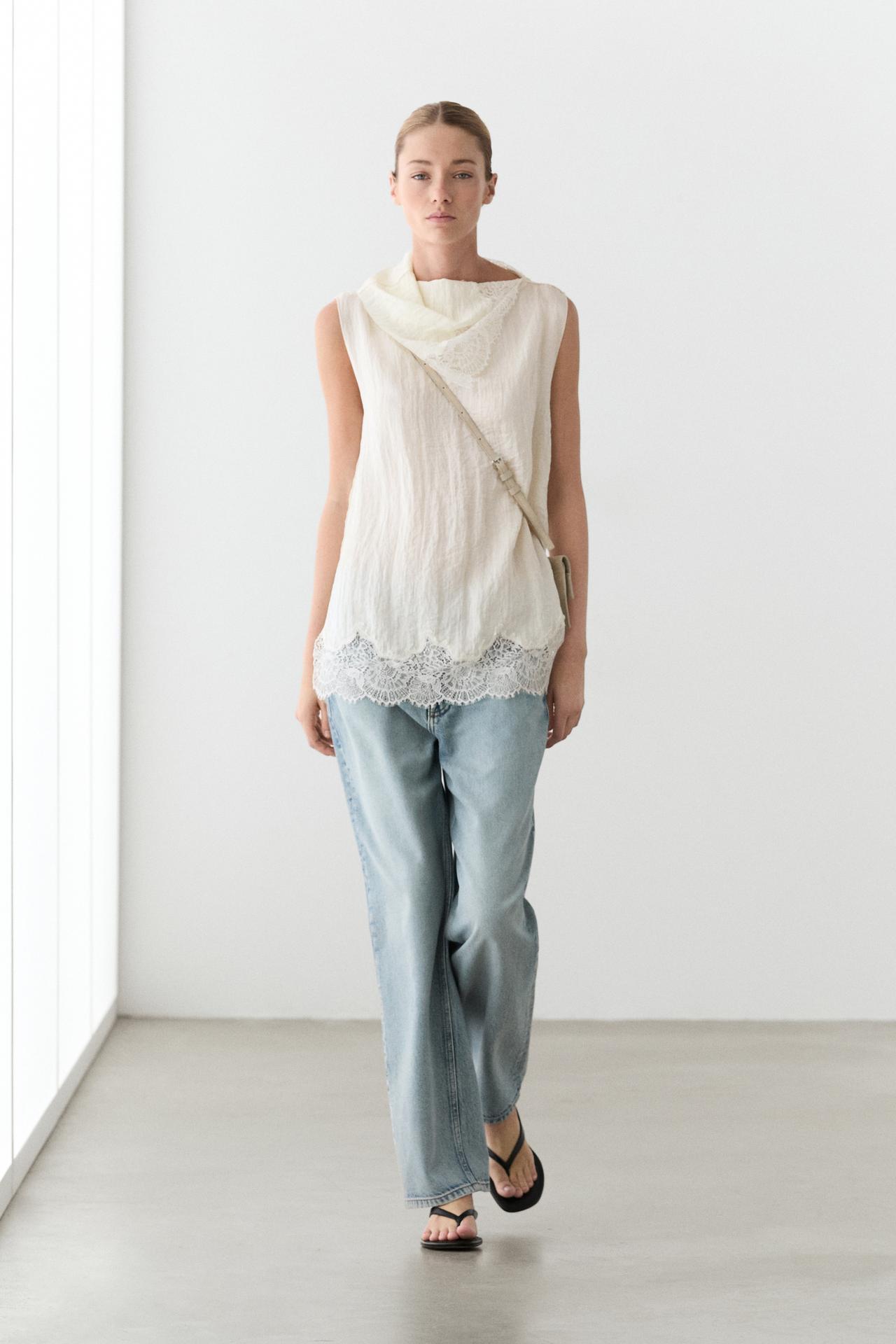 Asymmetric roll neck top with lace detail — Ecru
