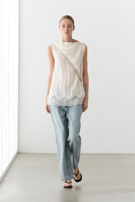 Asymmetric roll neck top with lace detail from Zara - $130