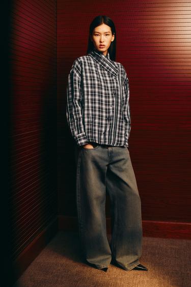 クロスオーバーチェックシャツブラウンブルーZaraのクロスオーバーチェックシャツ - ブラウンブルー 