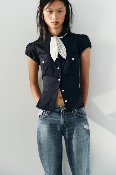 Zara FITTED SHIRT WITH POCKETS AND SCARF DETAIL - Navy blue